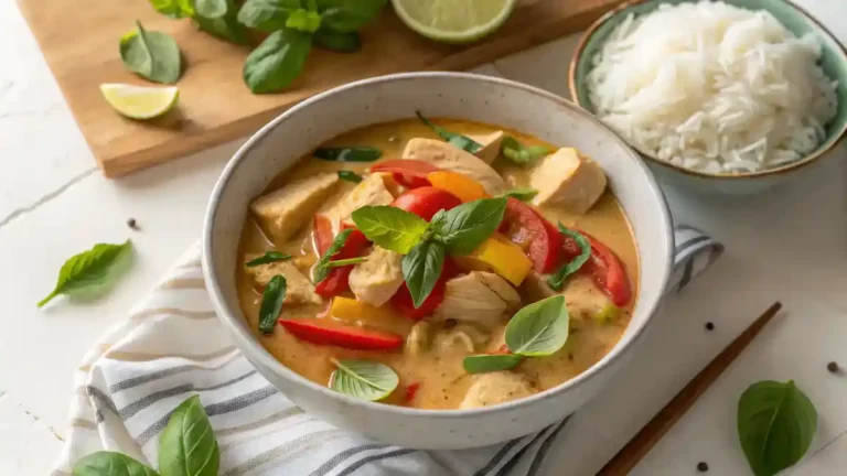 Delicious Thai Style Chicken Curry with vegetables served over jasmine rice in a white bowl