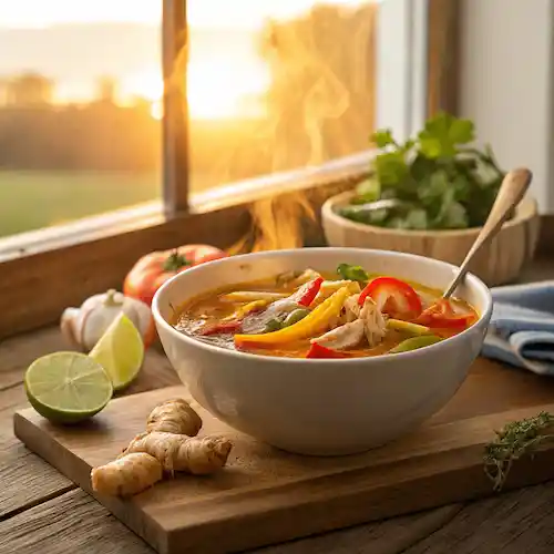 A warm bowl of chicken fajita soup with sliced bell peppers, shredded chicken, and golden turmeric broth, garnished with cilantro and lime, photographed in soft evening light.