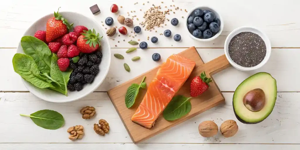 Colorful array of brain-healthy foods including salmon, berries, walnuts, and leafy greens arranged on wooden table