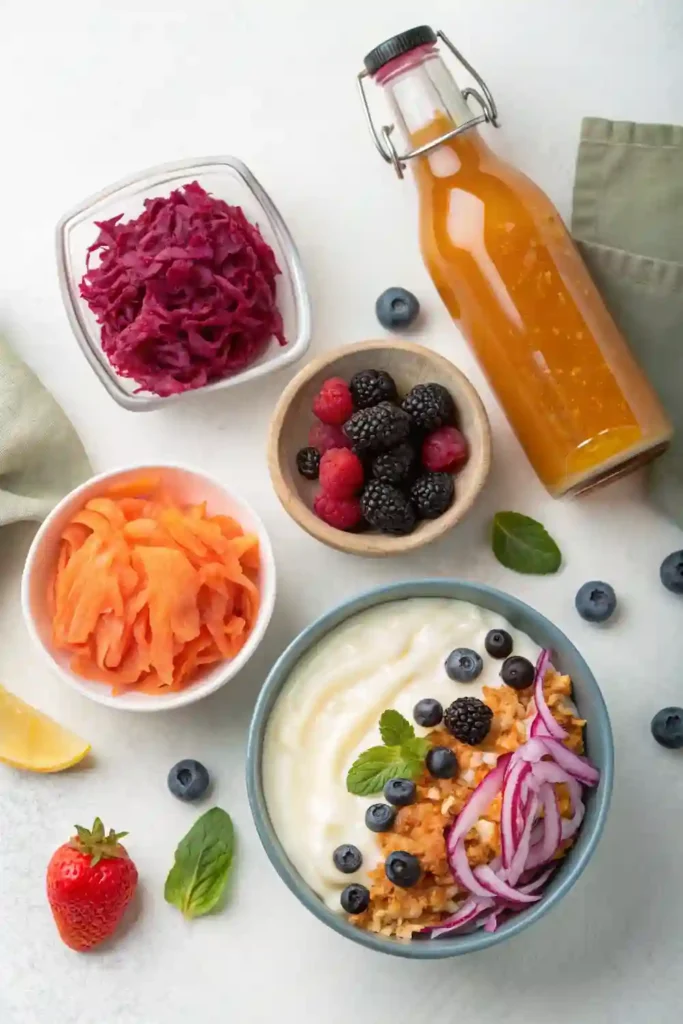 Various fermented foods including yogurt, sauerkraut, kimchi, and kombucha arranged for healthy gut bacteria