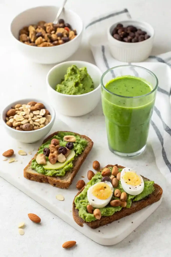Three brain-healthy snacks: trail mix, green smoothie, and avocado toast with egg