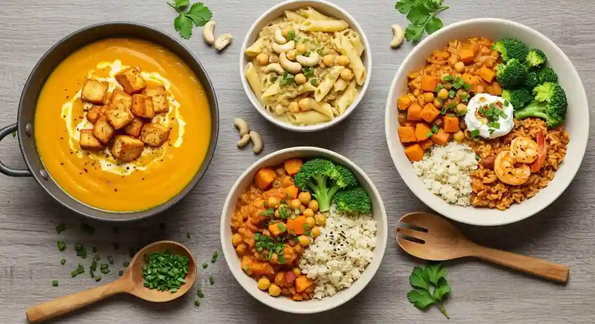 Five colorful Dairy Free Weeknight Dinners bowls arranged on rustic wooden table including pumpkin soup, cashew pasta, chickpea curry, chicken power bowl, and jambalaya