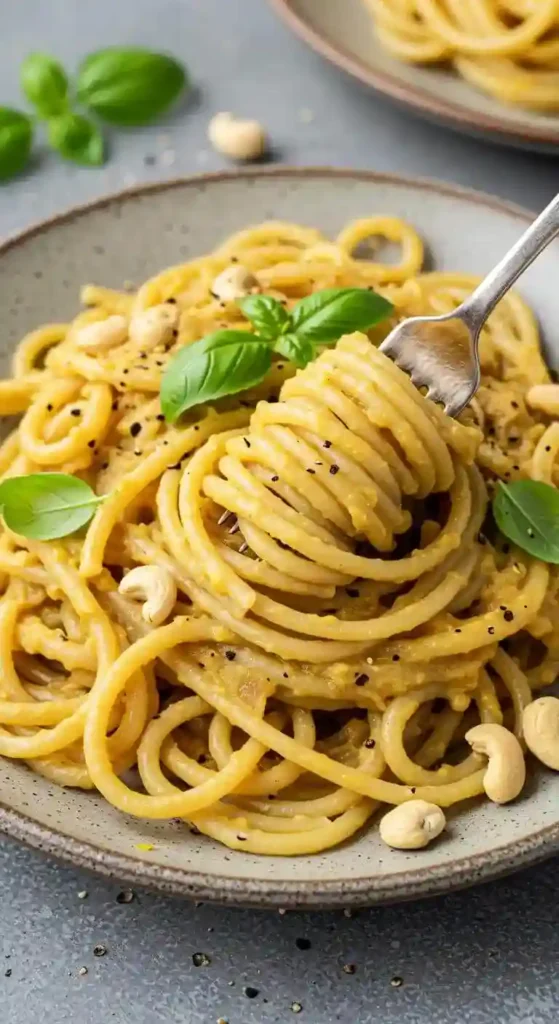 Plate of creamy pasta with cashew lentil sauce garnished with fresh basil and black pepper, fork twirling pasta