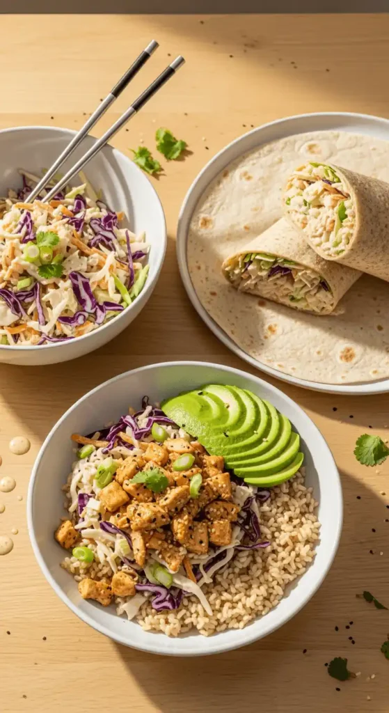 Three different ways to serve chicken coleslaw salad - in bowl, wrap, and over rice