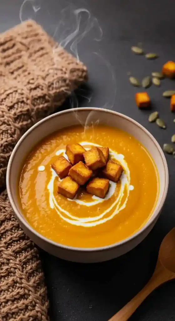 Bowl of creamy orange pumpkin soup topped with crispy tofu cubes and coconut milk swirl with steam rising