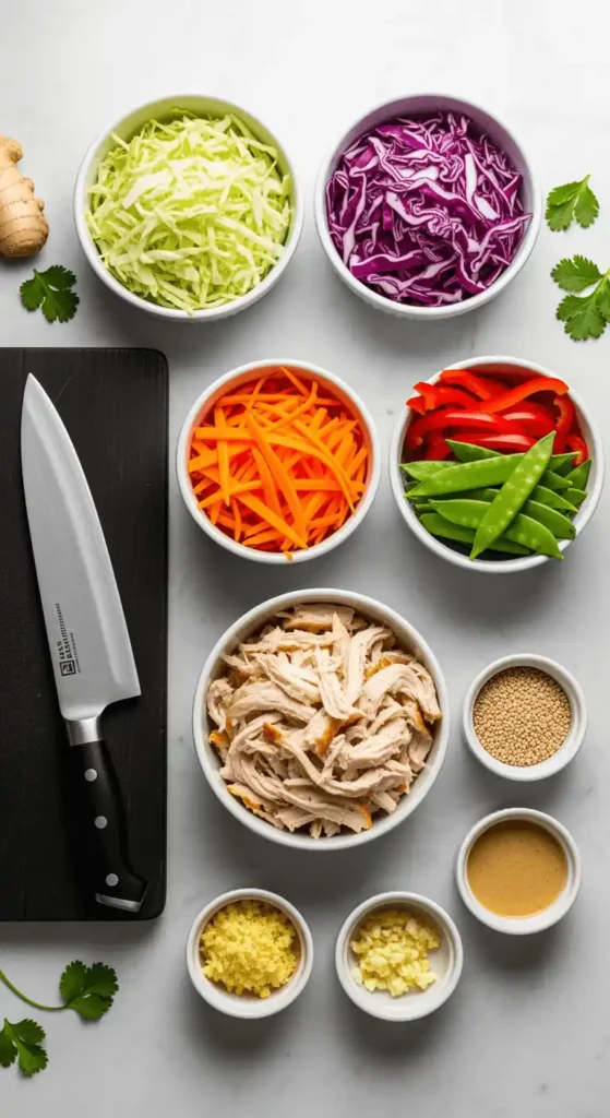 Organized ingredient bowls for chicken coleslaw with ginger sesame dressing recipe preparation