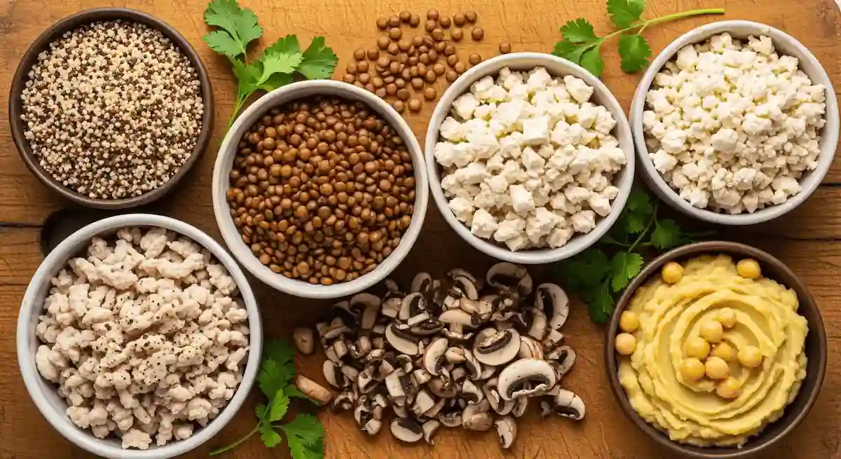 Colorful array of healthy ground beef alternatives including turkey, lentils, tofu, mushrooms, quinoa, and chickpeas arranged on wooden cutting board