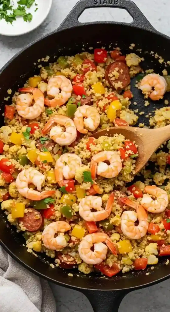 Cast iron skillet filled with colorful jambalaya featuring cauliflower rice, shrimp, bell peppers, and tomatoes garnished with green onions