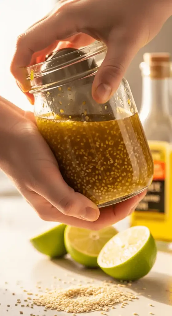 Hands shaking mason jar with homemade ginger sesame salad dressing