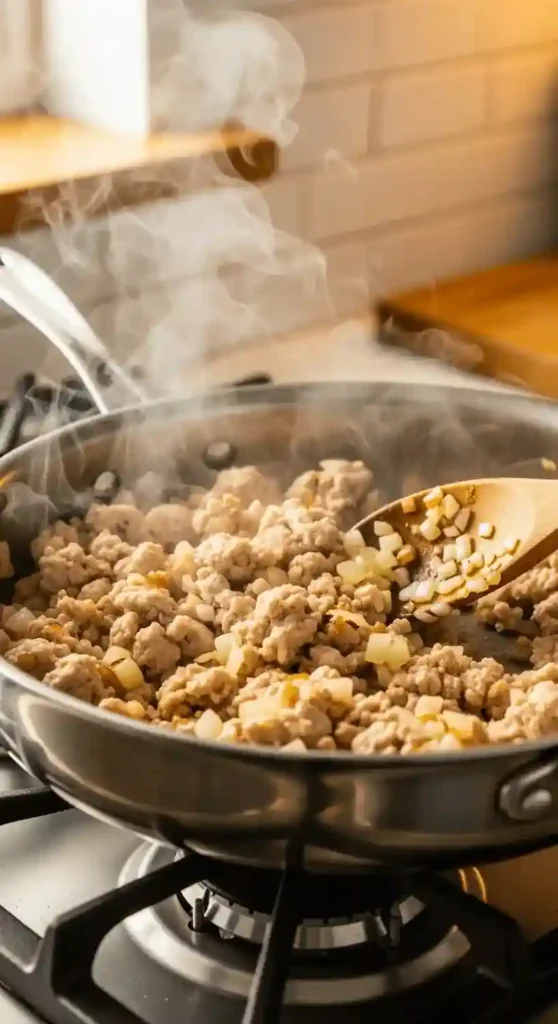 Ground turkey cooking in skillet with onions and garlic being stirred with wooden spoon