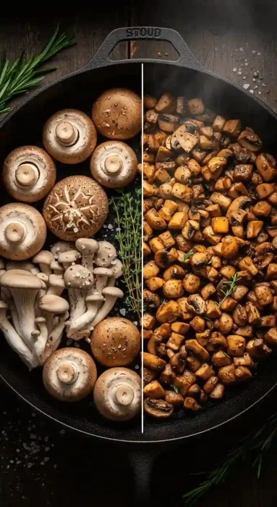 Before and after comparison of raw mushrooms versus finely chopped sautéed mushrooms in cast iron pan