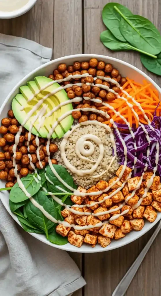 Colorful Buddha bowl with plant-based proteins including chickpeas, quinoa, and tofu with fresh vegetables