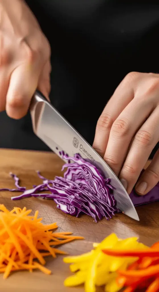 Hands using chef's knife to finely shred purple cabbage for coleslaw on cutting board