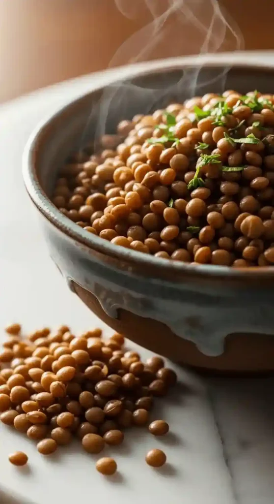 Close-up of cooked brown lentils in ceramic bowl showing texture and steam