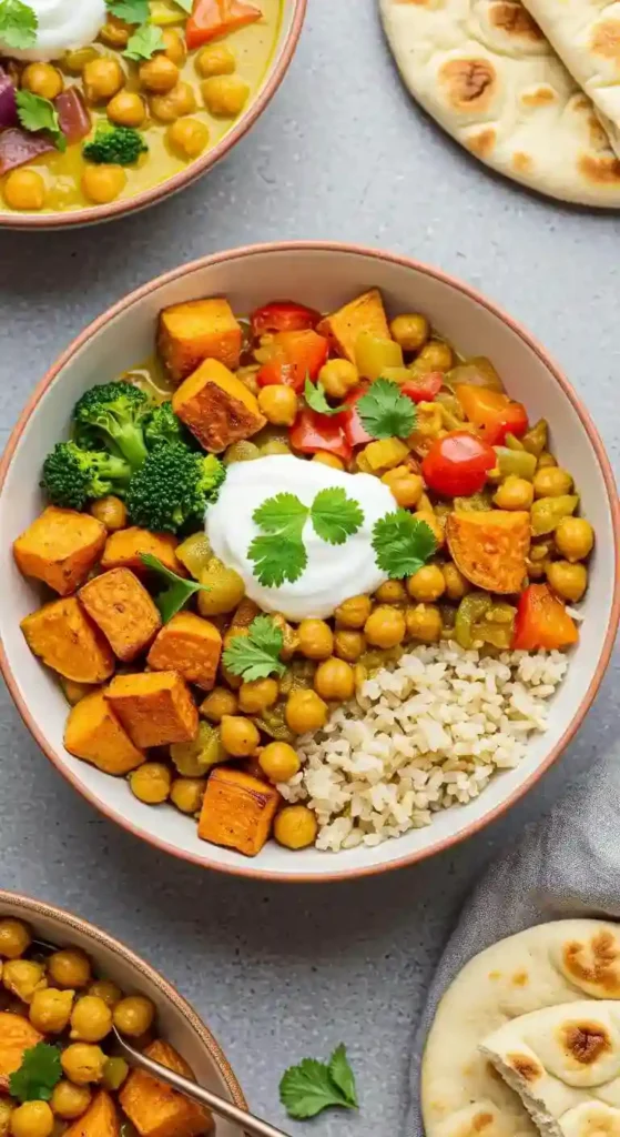Colorful curry bowl with roasted sweet potato cubes, chickpeas, and vegetables over brown rice topped with dairy-free yogurt