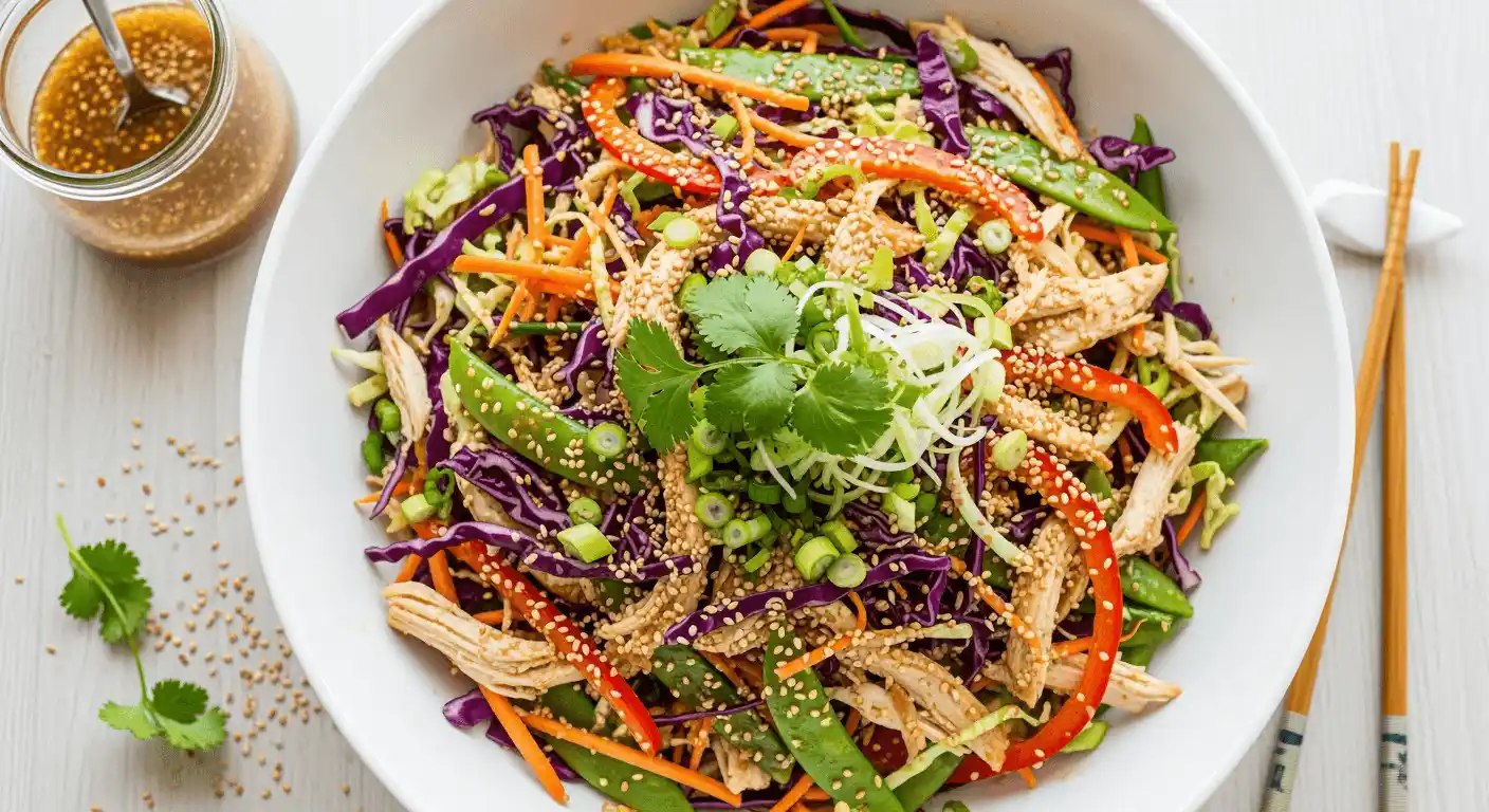 Chicken coleslaw salad with ginger sesame dressing in white bowl topped with cilantro and sesame seeds