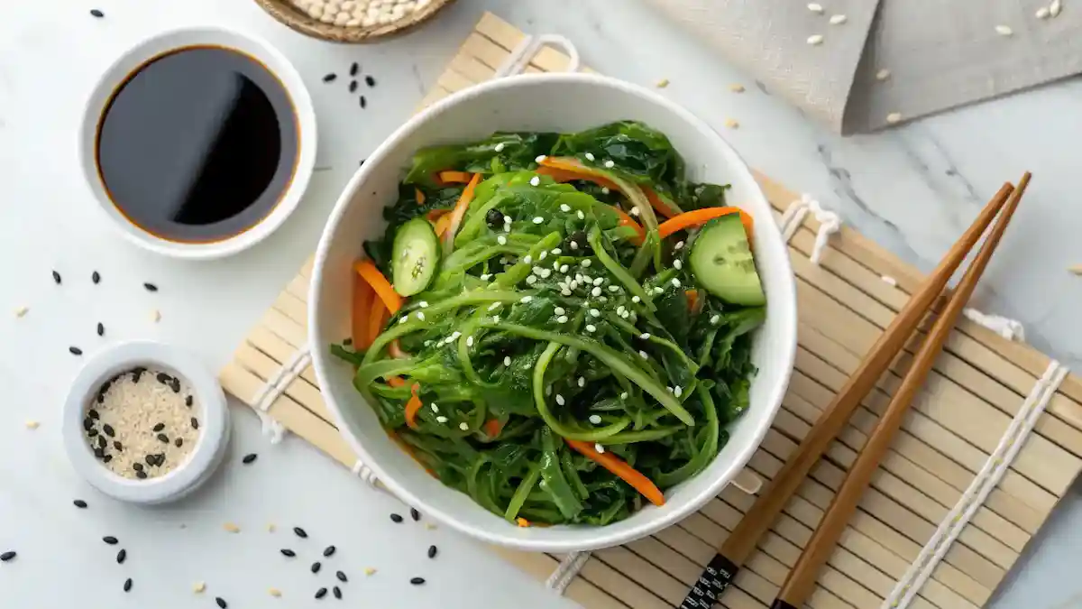 Healthy seaweed salad with wakame, cucumber and sesame seeds - superfood for optimal health benefits