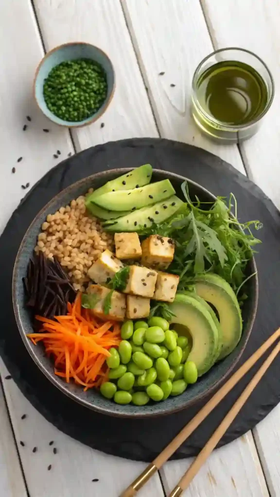 Healthy Buddha bowl featuring seaweed salad with brown rice, avocado and vegetables - superfood meal inspiration