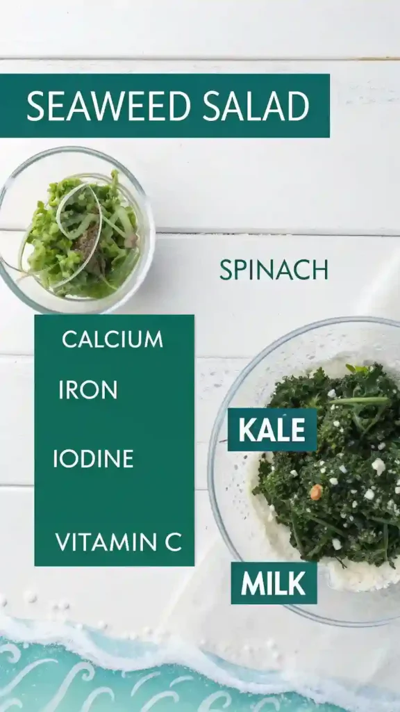 Seaweed salad nutritional comparison chart showing superior mineral content versus spinach, kale and milk